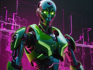 Futuristic robot with neon accents standing against a dark holographic backdrop in a high-tech environment