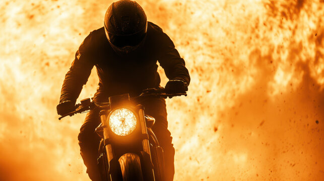 Daring Male Motorcyclist Escapes Fiery Explosion in Dramatic Action Scene