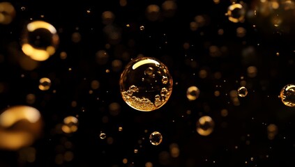 Golden bubbles floating on black background.