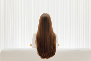 Back view of a woman with long straight hair sitting in a minimalistic room. The image offers space for text or design, emphasizing clean aesthetics.