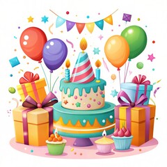 Colorful Birthday Celebration with Cake, Balloons, and Gift Boxes