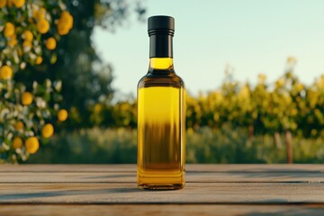 Glass Bottle of Olive Oil on Wooden Table Surrounded by Vibrant Lemon Trees in a Picturesque Vineyard Setting Under Bright Blue Sky