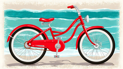 Fototapeta premium Red bicycle on sandy beach, ocean waves background; summer vacation, coastal imagery
