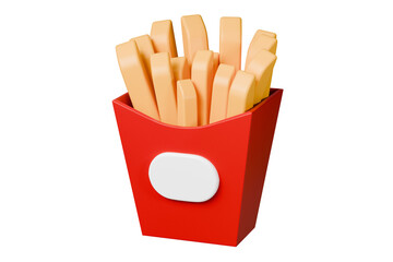 3D French fries icon. American street fast food, Floating potato fries chips. Cartoon Tantalizing french fries in red cardboard packaging creative design isolated on transparent background. 3D Render.