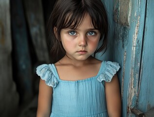 Fototapeta premium A sad little girl in the village, looking at the camera, wearing a light blue dress