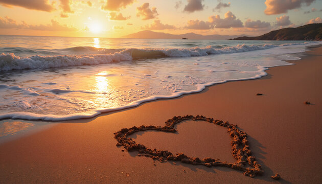 Heart drawn in sand on beach at sunset