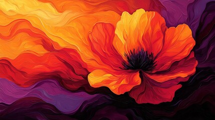 Fototapeta premium A vibrant, abstract painting of a poppy flower in shades of orange and purple, blending colors to create a dynamic visual experience.