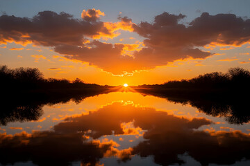 Golden Sunset Reflects on Calm Water with Silhouetted Trees and Vibrant Clouds