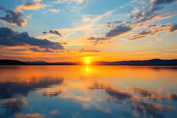 Naklejka premium Sunset Reflects on Calm Lake with Colorful Clouds and Distant Hills