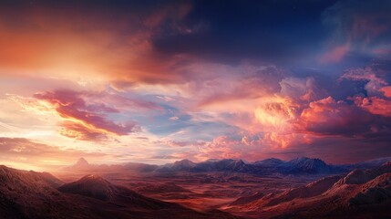 Fototapeta premium Expansive Panoramic View of a Stunning Desert Landscape at Sunset