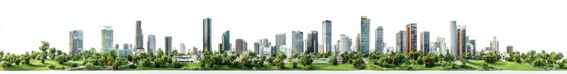 Fototapeta premium Panoramic view of a modern city skyline with lush green foreground.