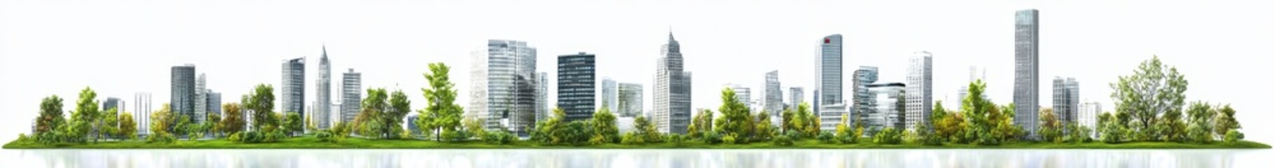 Obraz premium Eco-friendly city skyline with green trees and skyscrapers reflecting on water.