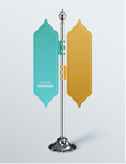 Vertical stand designed for advertising in Islamic style with two blank banners ready for customization located indoors