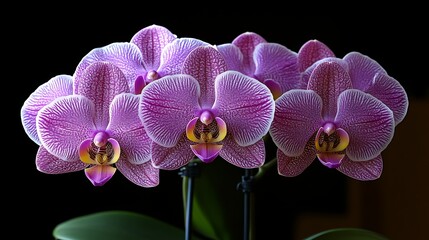 Three Purple Orchids Blooming Beautifully Against Black Background