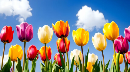 Colorful Tulips Bloom Vibrantly Against a Blue Sky with Fluffy White Clouds