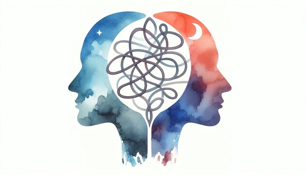 Metaphor bipolar disorder mind mental. Double face. Split personality. Concept mood disorder. 2 Head silhouette.Psychology. Mental health. Dual personality concept. Tangle and untangle