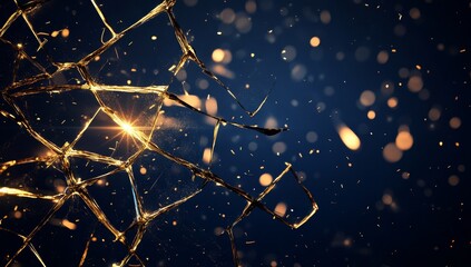 Shattered gold glass with bokeh lights.