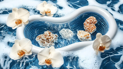 White orchids and textured stones float in a curved white vessel filled with blue water and surrounded by white foam, creating a serene spa scene.