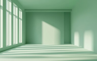 Sunlit empty room with green walls and large windows.