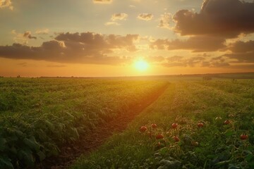 Orange sunset in clouds over green agriculture field with tomatoes. South Ukraine agriculture field.