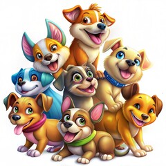 Whimsical Illustration of Cheerful Dogs with Big Eyes and Happy Expressions