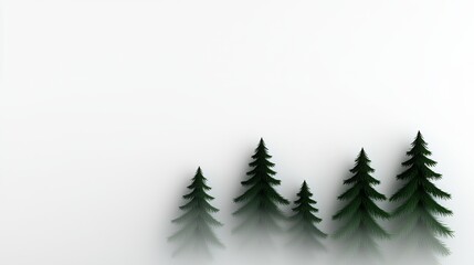 Obraz premium A serene image of green pine trees partially shrouded in mist against a white background, evoking tranquility and nature's beauty.