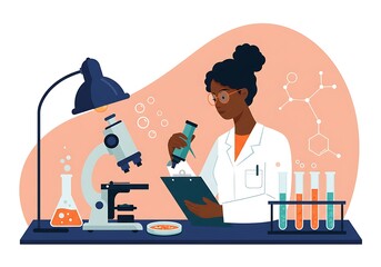 Flat vector illustration medical science laboratory portrait of beautiful black scientist looking under microscope does analysis of test sample ambitious young biotechnology specialist working