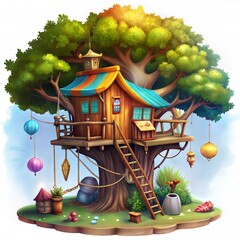 Magical Wooden Cabin with Spiral Staircase and Vibrant Butterflies