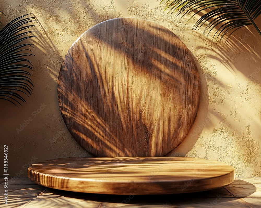 Poster wooden display platform with palm shadows.