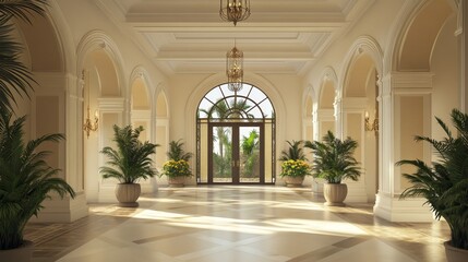 Sunlit grand hall with arched entryway, potted plants, and marble floor.