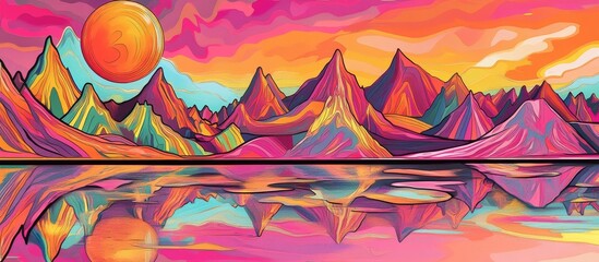 Vibrant sunset over colorful, mirrored mountains and calm lake.