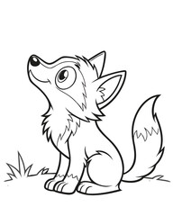 Obraz premium A cartoon cute fox animal in black and white outline like a coloring book page, transparent background.