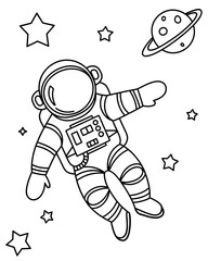 Obraz premium A cartoon astronaut in black and white outline like a coloring book page, transparent background.