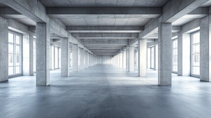 Empty modern concrete building interior with large windows and high ceilings.