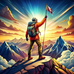 Adventurous Victory Pose on Majestic Peaks with Vibrant Colors
