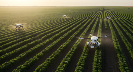 The future of farming is here. A fleet of drones works tirelessly to ensure a bountiful harvest. This image conveys the promise of AI in improving agricultural productivity.