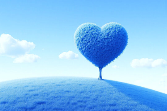Surreal landscape with blue heart shaped topiary tree
