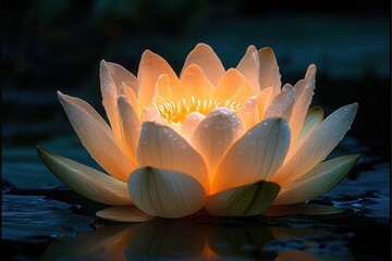 Glowing orange lotus flower blooming on water surface with dark background. Nature, spirituality, meditation themes