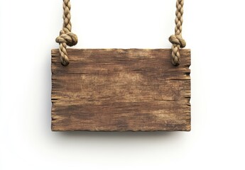 Old wooden sign hanging on a rope, isolated against a white background.
