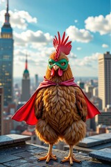 Creative funny superhero chicken in mask and cape standing on rooftop with city skyline