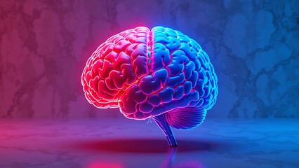 Dual brain hemispheres lit in vibrant neon colors