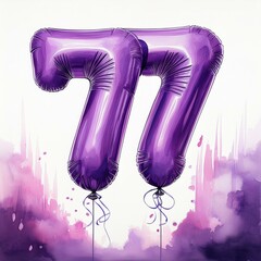 Purple birthday / anniversary party balloon, number 77, watercolor painting with white background
