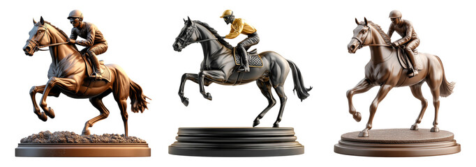 Three Vintage Horse Racing Statues Isolated on Transparent Background