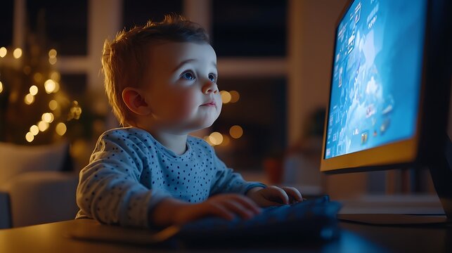 Toddler intently watching computer screen at night.