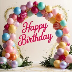 Happy birthday card with balloons and confetti