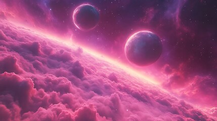 Fototapeta premium Pink Planetary Cloudscape Two Moons Above