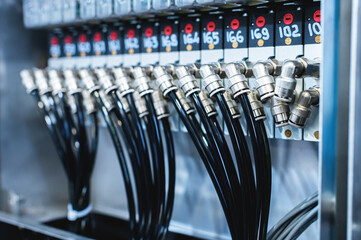 Distribution panel of a pneumatic installation with pneumatic pipes and fittings in production