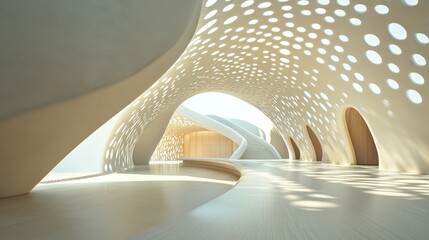 Obraz premium Abstract modern architecture interior with light wood floor and perforated walls.