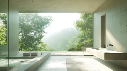 Obraz premium Bathed in natural light from large windows overlooking a lush green landscape, this spacious bathroom boasts a modern design with concrete accents