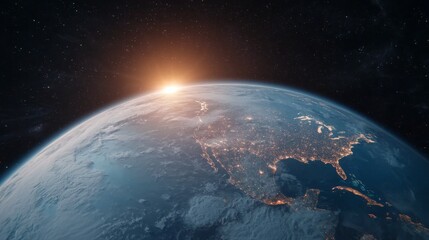 Fototapeta premium A stunning view of Earth from space, showcasing the curvature of the planet with a beautiful sunrise illuminating the atmosphere.